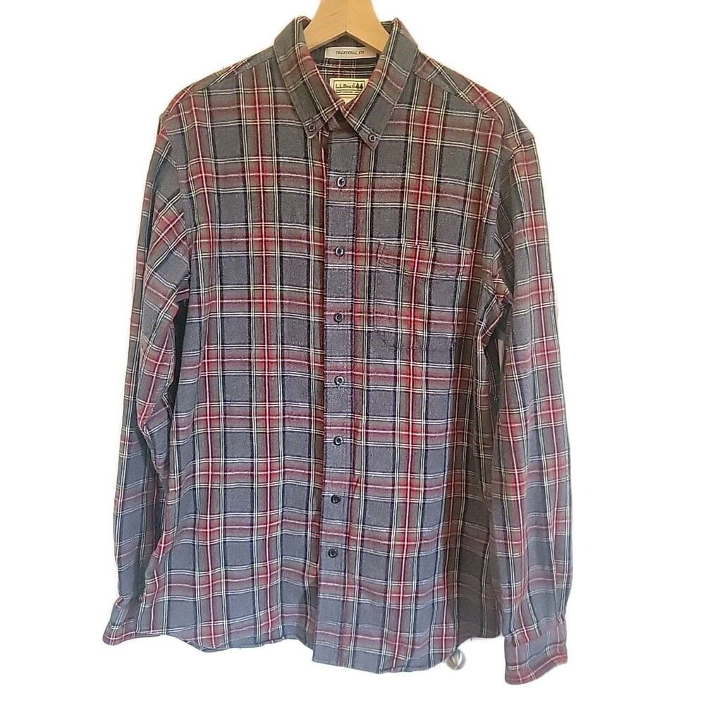 LL Bean Mens M Tall Traditional Fit Plaid Flannel Long Sleeve Shirt Red Gray